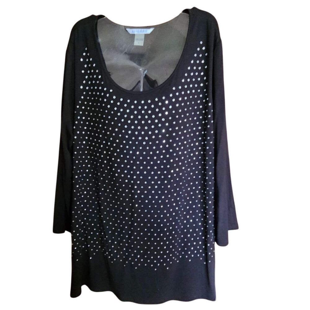 Women's L Peter Nygard Black Rhinestone Dressy‎ Long Sleeve Top Soft NWT